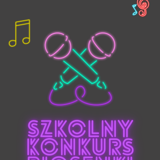 Szary plakat z neonowymi mikrofonami i napisem Szkolny Konkurs Piosenki.