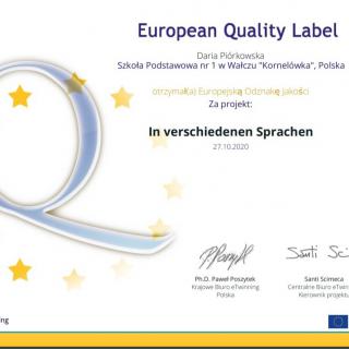 Otrzymaliśmy Europejską Odznakę Jakości eTwinning