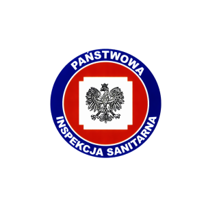 Logo Państwowej Inspekcji Sanitarnej. Okrągłe logo z granatową ramką i czarnym orłem na białym tle