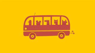Grafika czerwony autobus na żółtym tle
