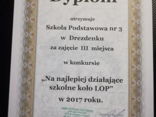 III miejsce Szkolnego Koła LOP w SP 3 w konkursie na najlepiej pracujące koło LOP w 2017 roku organizowanym przez Zarząd LOP w Gorzowie Wielkopolskim.