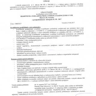 Výberové konanie na obsadenie pracovného miesta riaditeľa ZŠ F.Kazinczyho s VJM v Tornali